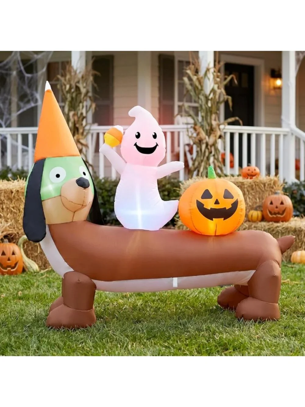 5FT Halloween Inflatable Dachshund & Ghost Yard Decoration - Festive Outdoor